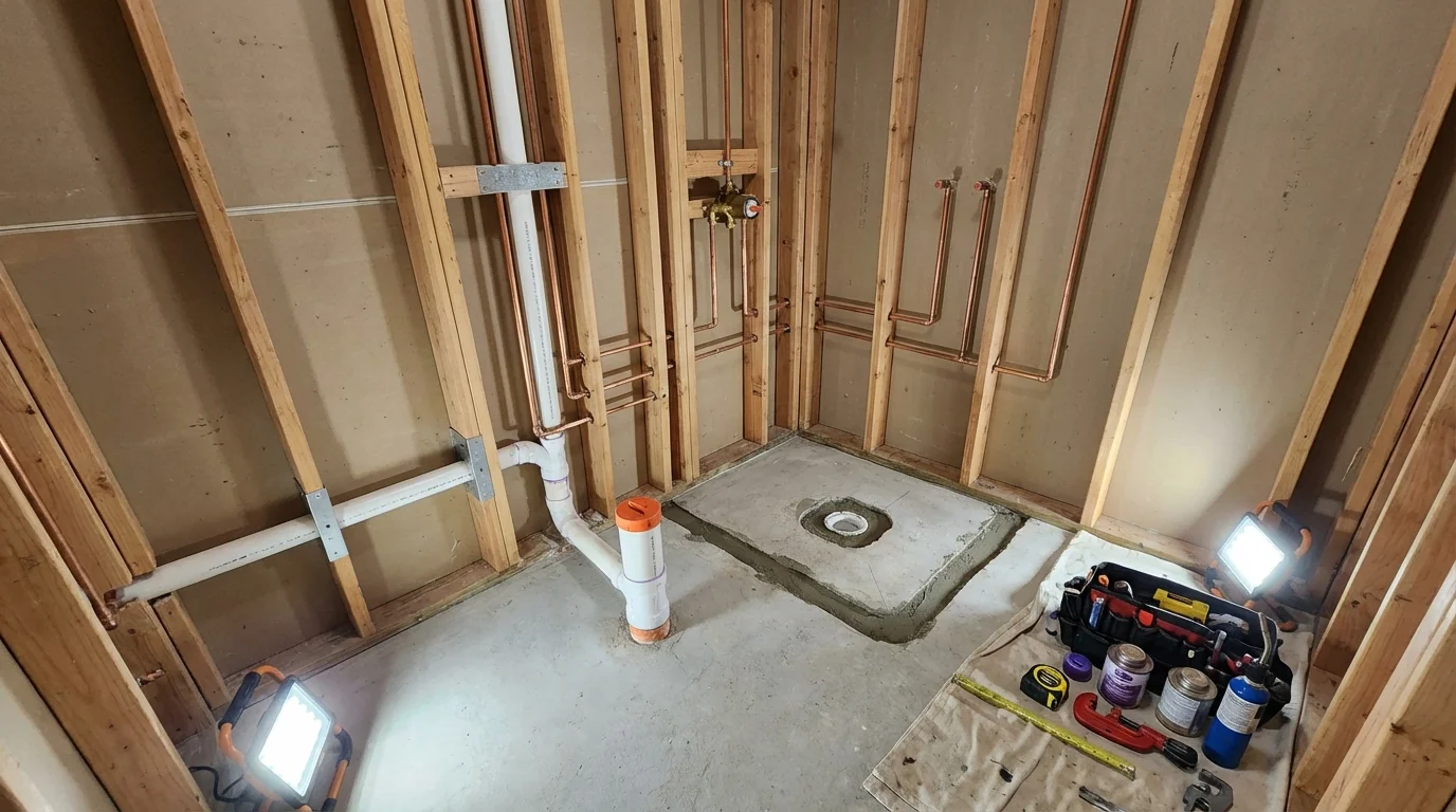 Bathroom rough-in plumbing during remodel by Johns Plumbing LLC in Walton