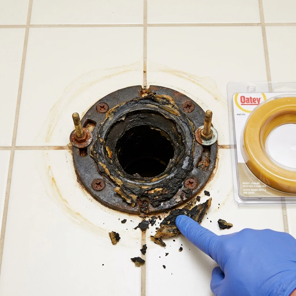 Failed wax ring showing water seepage at the base of a toilet in a Walton, IN home