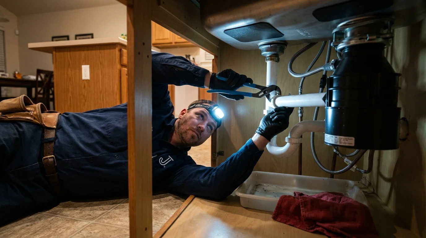 P-trap and supply line connections under a kitchen sink showing a common leak point in Walton, IN